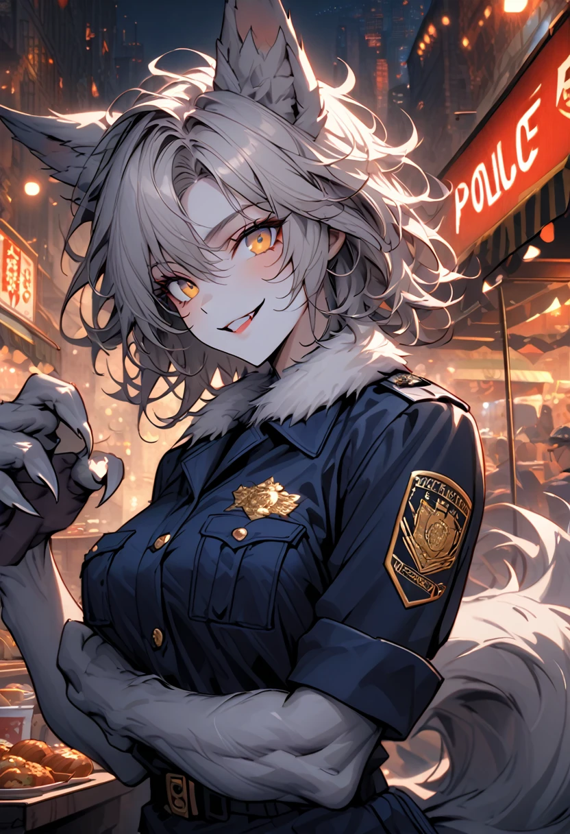 solo, female, wolf girl, close up, grey fur on forearms, furry claws, muscular, wolf ears, short hair, messy hair, grey hair, golden eyes, wolf tail, police uniform, police, large breasts, white fur collar, relaxed, smiling, after work, food stand, city, night, fantasy