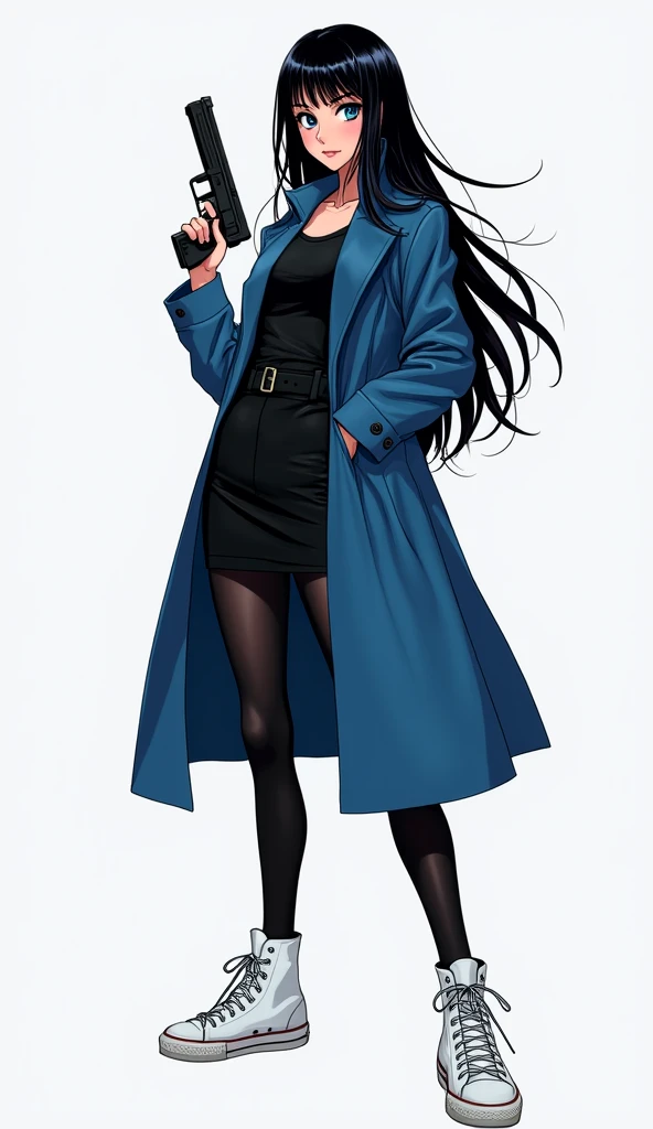 The young woman blue eyes long black hair wear a long blue coat, black shirt, black pencil skirt, black underpants, long black tights, black socks, white sneakers high top, holding a one pistol gun, light grey background, cartoon novel, 4K, HD