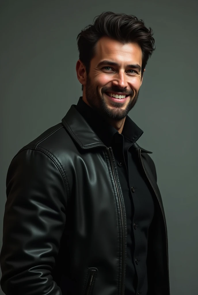 20 year old tall man with wavy hair, wearing black clothes and leather jacket, muscular and broad-shouldered, strong, defined jaw, scruffy beard, wide and very attractive smile as well as light green eyes