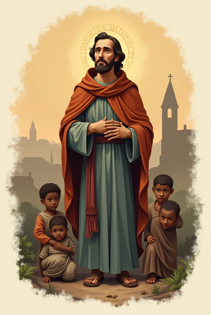 logo brand for ngo, with the following characteristics, Saint Francis of Assisi among the poor, helping them , logo for health NGO showing the essence of poverty and love for the most needy san francisco de aasis catholic