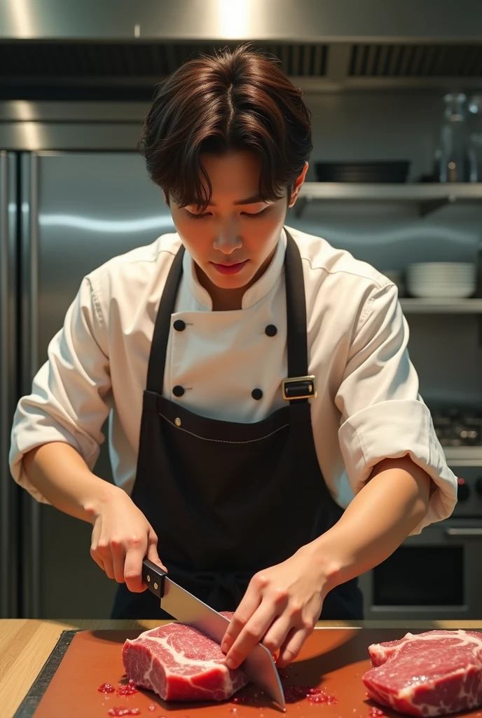 Park Jimin of BTS cutting a meat