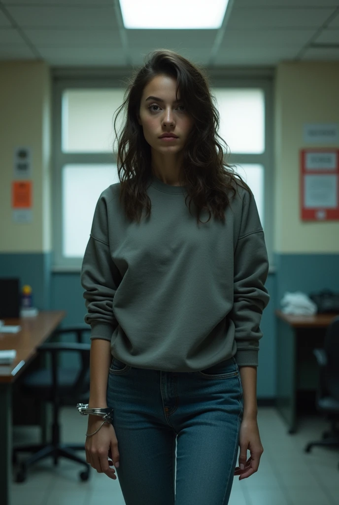 A young woman wearing jeans and a sweatshirt handcuffed at a police station 