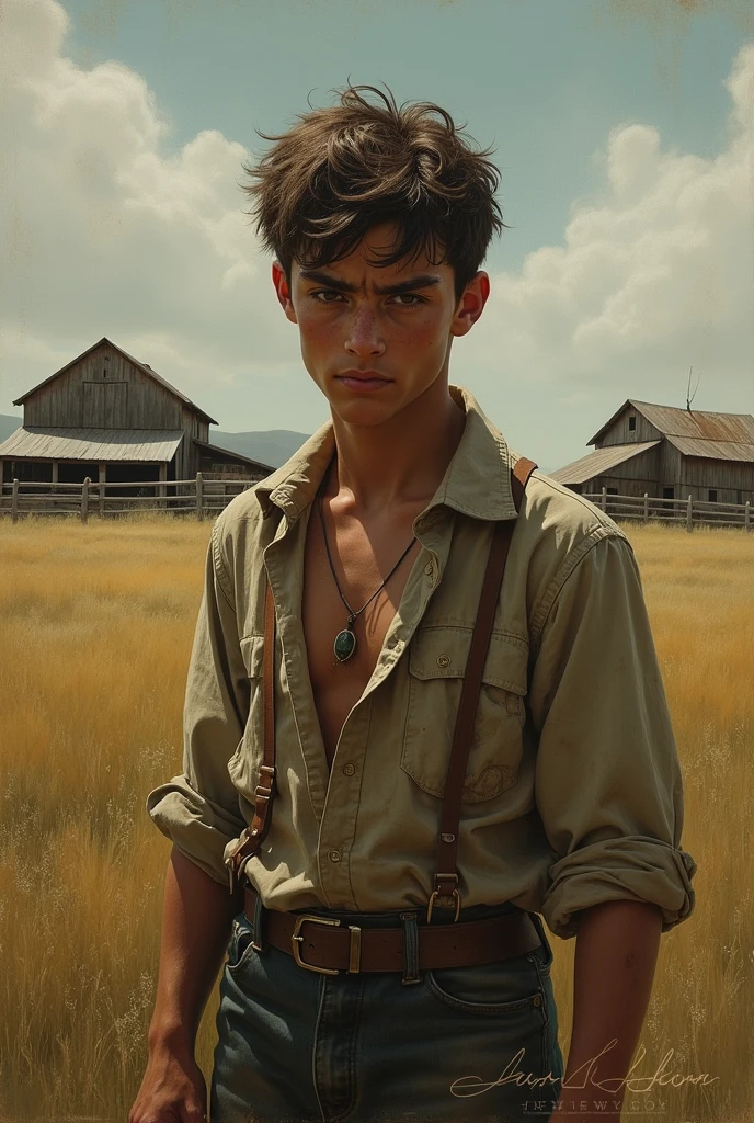 A sad country boy in a rural setting
