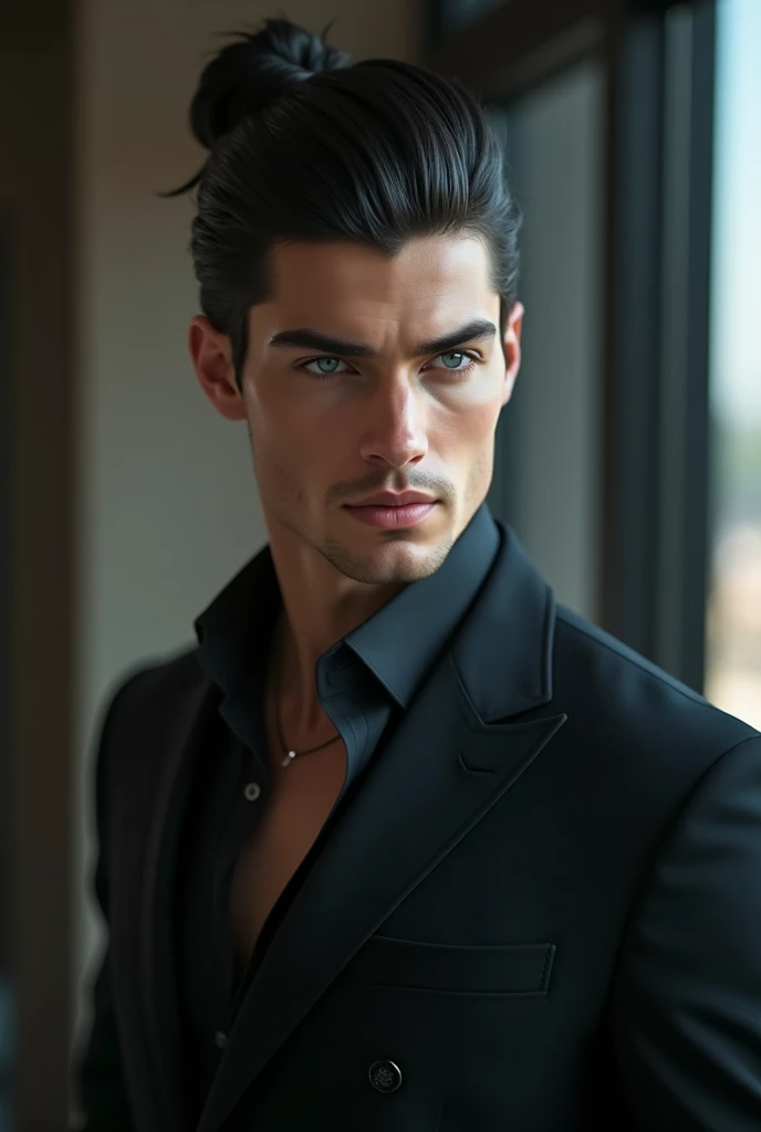 Handsome tall young man with white skin, black hair with bun, blue eyes, muscular body, sensual, sexy businessman 