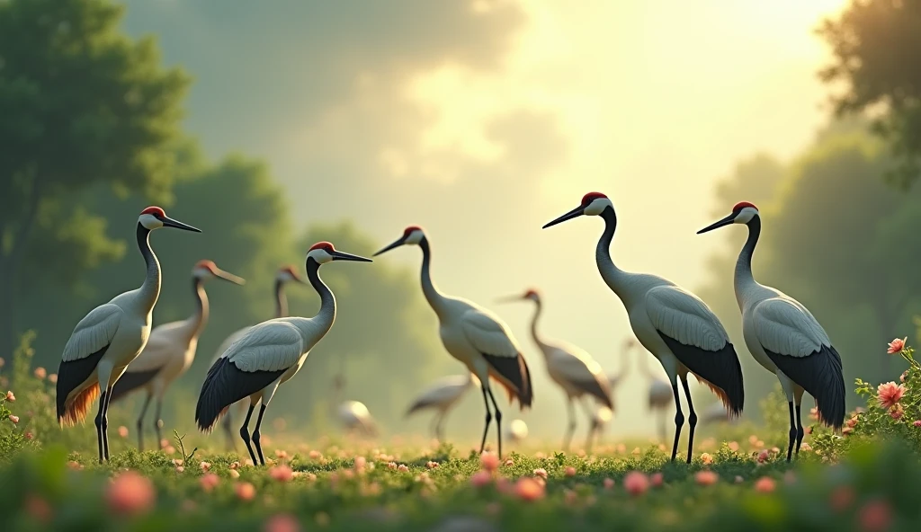 In 3D animations.How do the cranes express their relief and gratitude after surviving the storm?