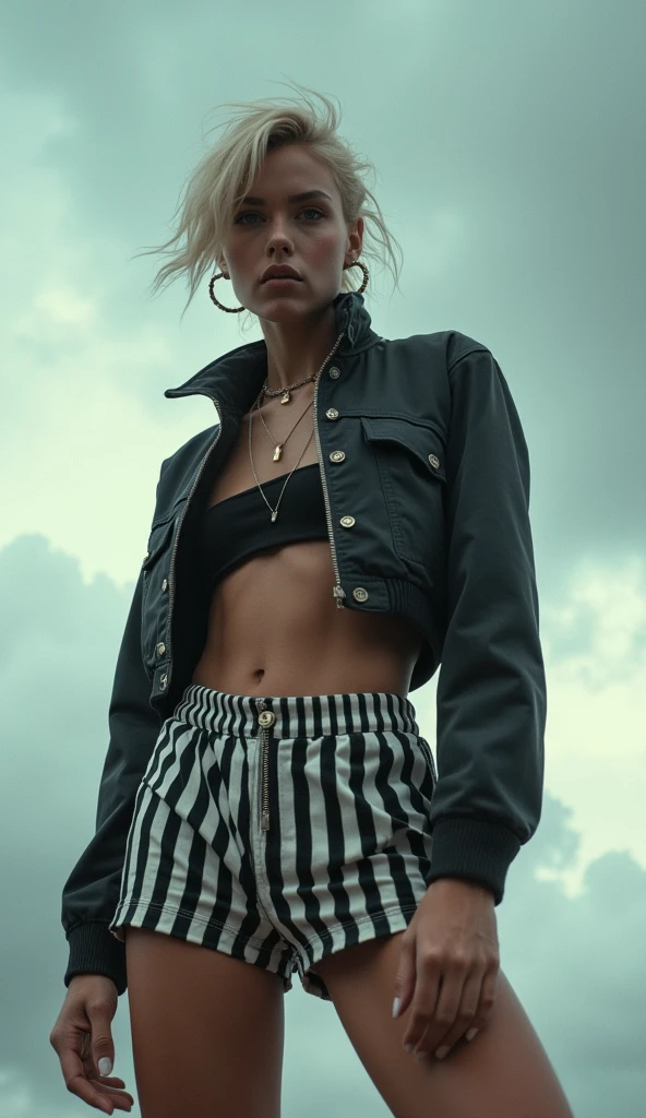 Garou Hero Hunter.An artistic fashion photograph of a woman wearing striped shorts and a cropped jacket, shot from a dramatic low angle against a cloudy sky background. The treatment adds a timeless quality to the image, with the strong pose and intense expression creating a powerful visual narrative. The contrast between the woman's outfit and the sky enhances the surreal feel of the image. Inspired by avant-garde fashion photography, bold contrasts, surreal perspectives, minimalist background