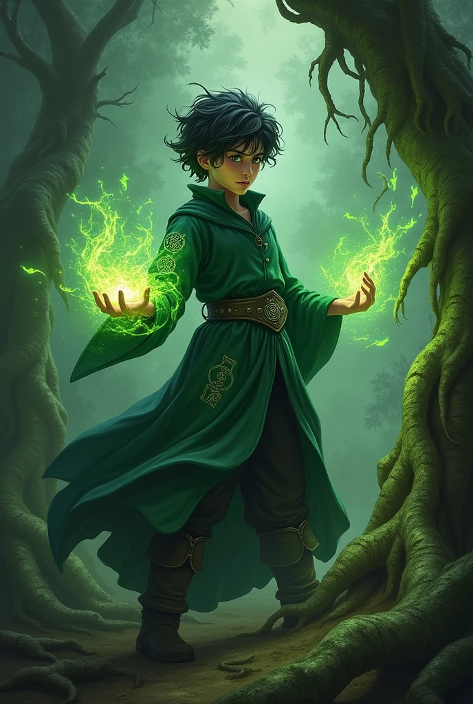 A dark-haired ager in a cape and green clothes, using magic to create large roots