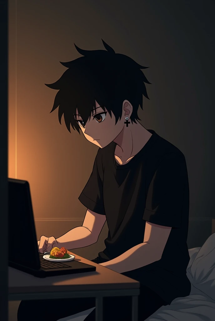 Anime guy, black hair, blocked hair, has a brow, dark eyebrows, brown-black eyes, wears a black cross earring on the left side, silver on the right side, wears a black t-shirt, is sitting and eating in a small rented room, is a lonely guy, but doesn't feel sad, but doesn't smile. The bedroom has a bed and a table with a black laptop on it, the black wall has an orange-brown light on it, makes the eyes a little sad.