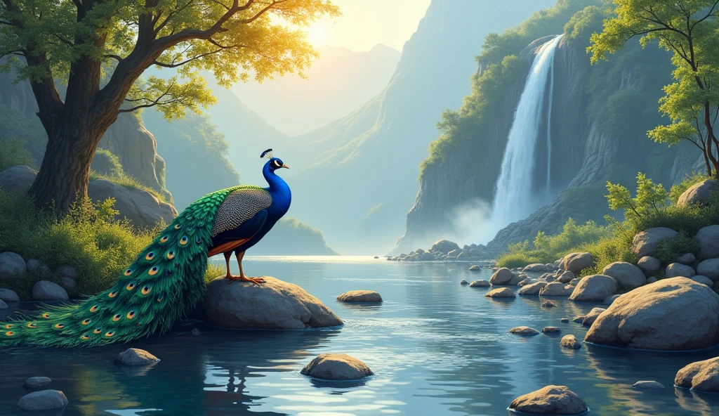 A peacock take a rest on the stone beside of the stream. The morning sun is shining. The water falls is staying on the mountain. Vector image for illustration.