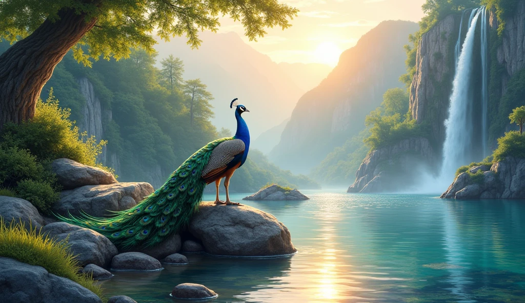 A peacock take a rest on the stone beside of the stream. The morning sun is shining. The water falls is staying on the mountain. Vector image for illustration.