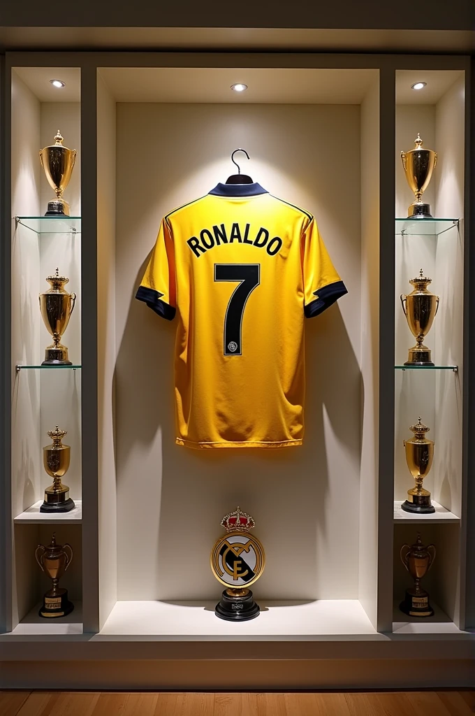 A room wall where there is jersey displayed of Ronaldo and Real Madrid in the wall