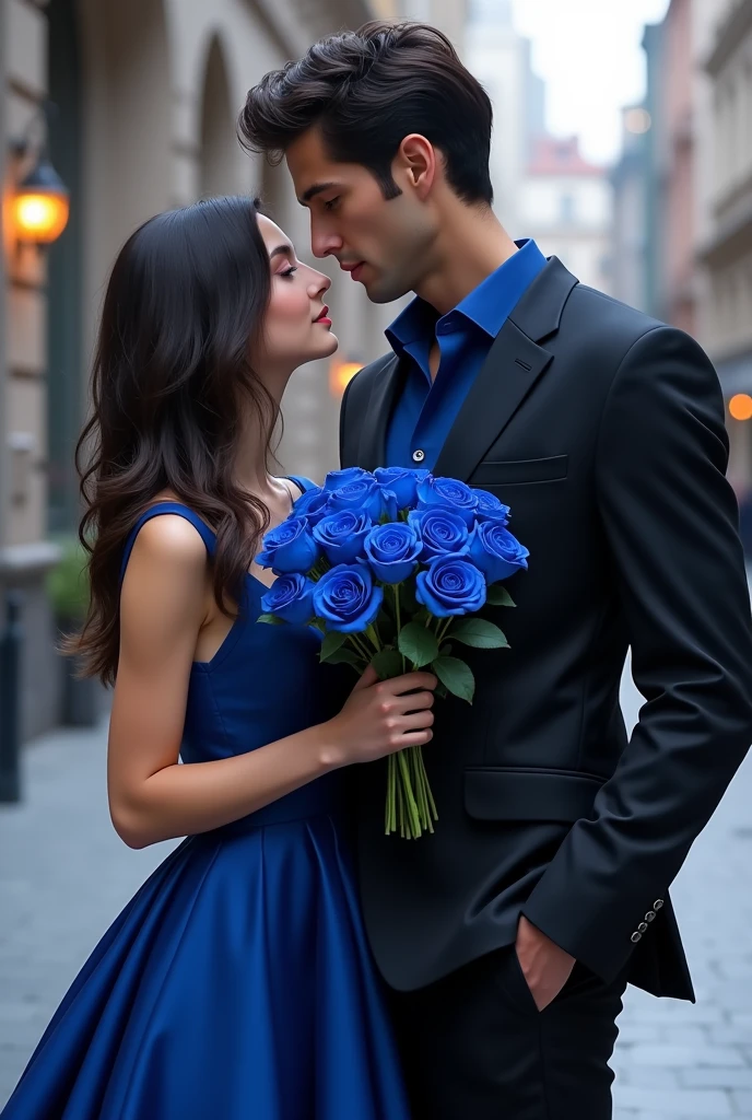 Black suit, gece mavisi gömlek giymiş, with blue roses in hand, uzun boylu esmer bir erkek, short girl in blue long dress.