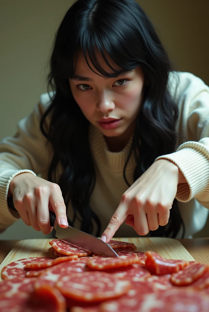 singer Billie Eilish cutting salami