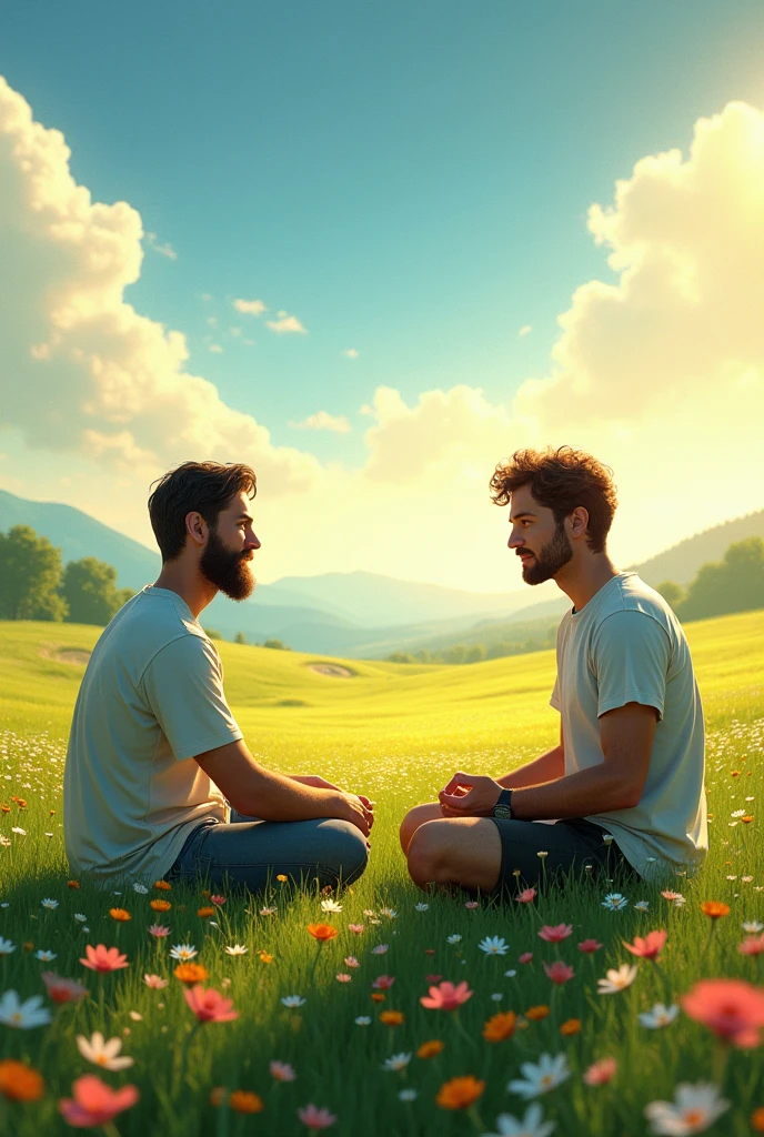 Two men sitting talking far from each other, in the background a beautiful landscape like a green field full of flowers, a radiant sky in the late afternoon