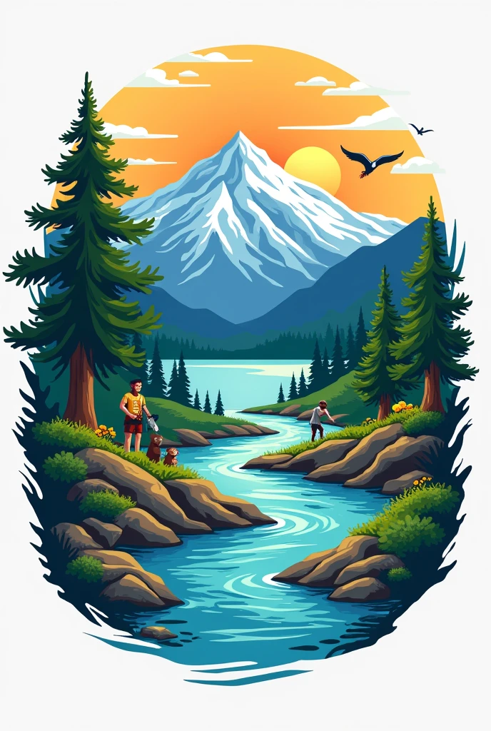 Create logo with the following characteristics: Main image of the two snow-capped peaks of the Sierra, laguna, river to the sea, Macaw, monkey and peasant man and woman