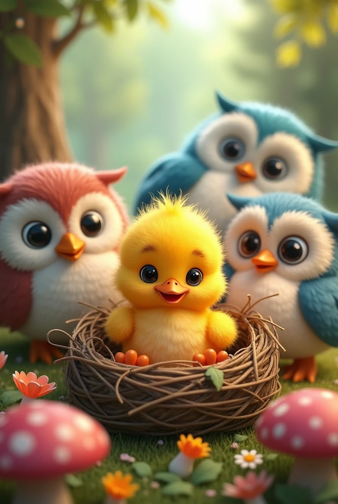 Animated colorful duckling in a nest with owls