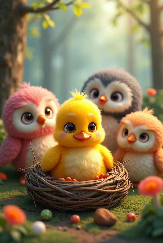 Animated colorful duckling in a nest with owls