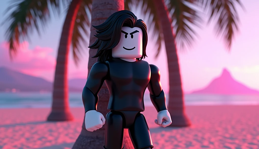 Handsome tall square Roblox male doll, with long black rocker hair, emo clothes and no lips, white skin, no mouth, and beautiful body, Fist pose, leaning on a palm tree, cartoon, Vice City GTA, stone mountain background on the beach with pink sky