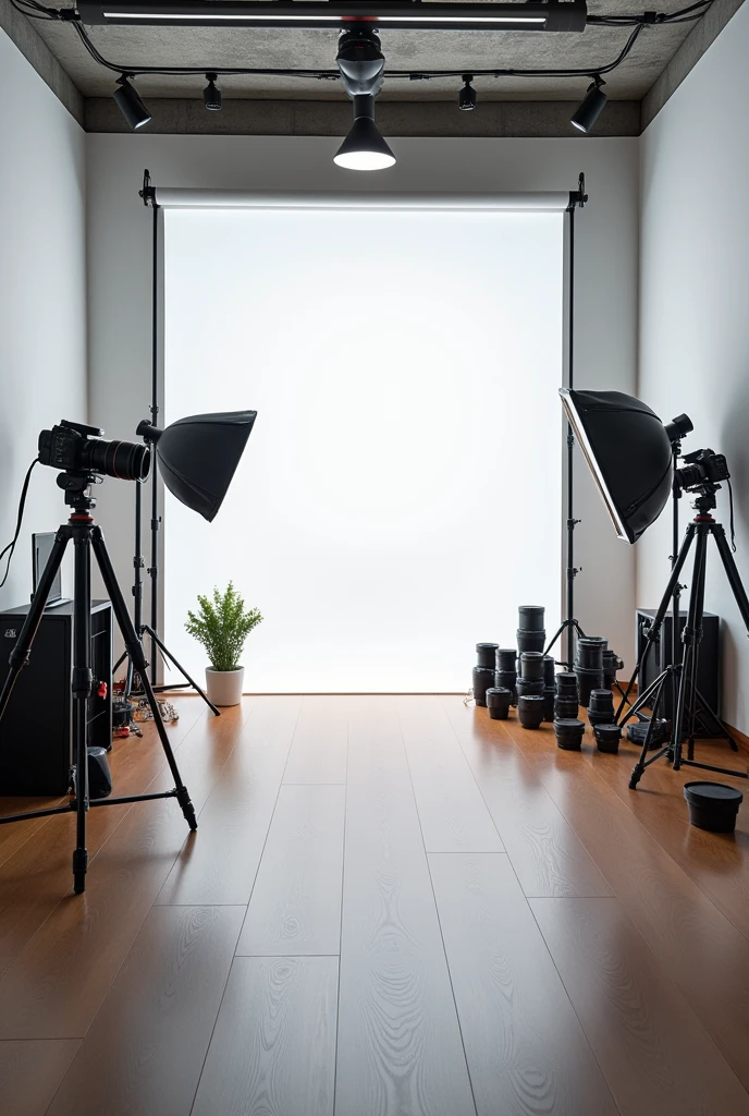 Photographer session area with cameras and stuff empty room

