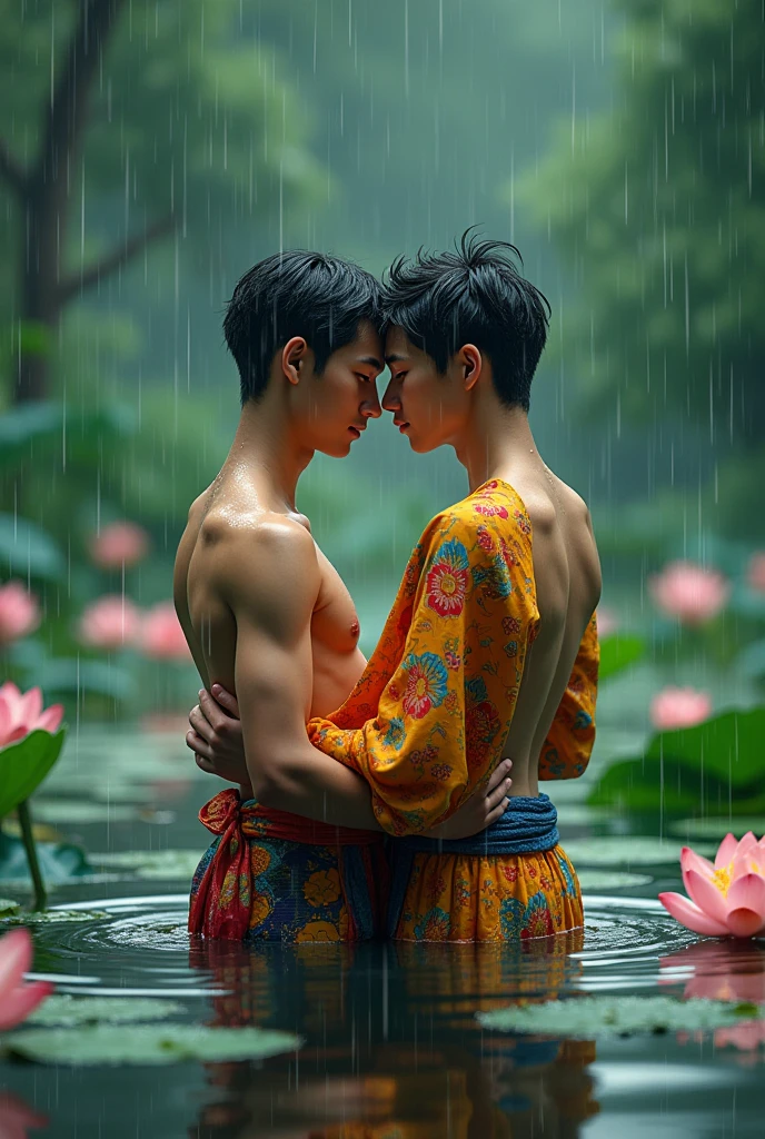 Two slim attractive Asian male agers  with short colorful  native clothes touching each other&#39;s butts while in the lotus lake in heavy rain falling with splashed