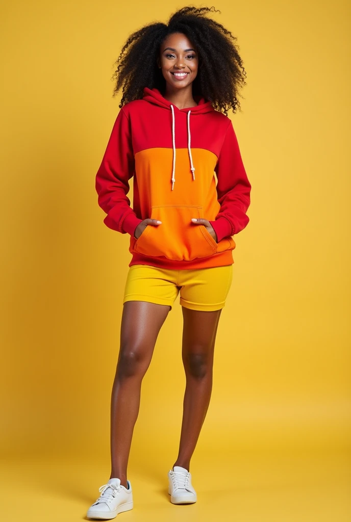 A piece of clothing: red yellow round neck hoodie sweatshirt, 38D cup breast, athletic body, very attractive face, cute smile, full length photo