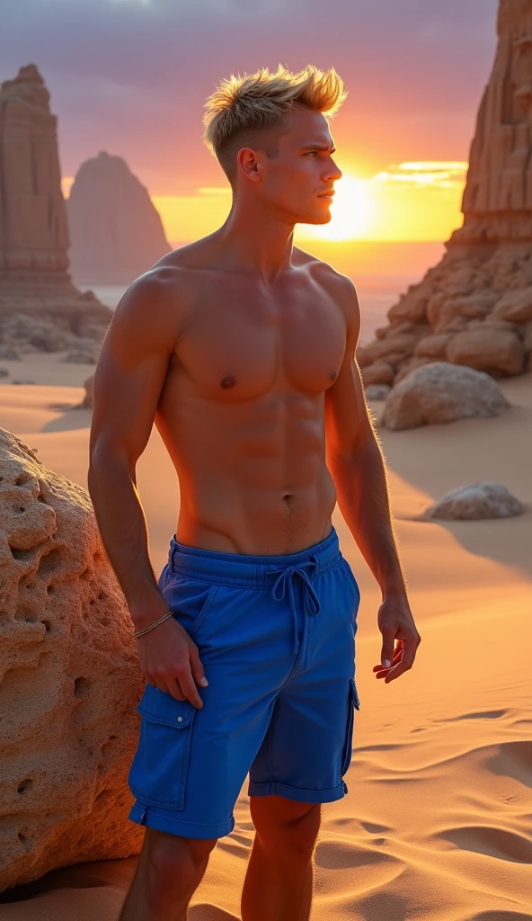 The Scene: In the heart of a sprawling, ethereal desert landscape, the blonde male model with striking blue eyes becomes a beacon of vitality amidst the barren beauty. His athletic, toned physique is on full display, shirtless and glowing under the intense rays of a scorching sun. He wears bright, cobalt blue cargo shorts that stand out vividly against the endless sea of golden sand dunes.

The setting is an isolated, otherworldly desert, where the shifting sands create a landscape that seems to move with the wind. The ground beneath his feet is a mixture of fine sand and smooth, sun-bleached stones that have been shaped by centuries of erosion. In the distance, towering, jagged rock formations rise from the desert floor, their surfaces etched with ancient symbols and mysterious carvings, remnants of a long-lost civilization.

The air is hot and dry, carrying the faint scent of warm minerals, and the distant, eerie sound of wind howling through the rock formations echoes across the dunes. The model stands confidently in this vast, arid expanse, his stance firm and resilient. One hand rests lightly on the rough surface of a large, sun-warmed boulder, the other casually at his side, fingertips brushing the gritty sand that swirls around his legs.

His gaze is directed towards the horizon, where the sun is beginning to set, casting a fiery, orange glow across the desert. The sky above is a gradient of deep purples and blues, as twilight begins to creep in, creating a striking contrast with the warm, golden tones of the desert. His expression is one of quiet determination and introspection, as if contemplating the mysteries of the ancient world that once thrived in this now desolate place.

The interplay of light and shadow creates a dramatic atmosphere, accentuating the model’s chiseled features and the stark beauty of the desert landscape. The cobalt blue of his shorts echoes the deepening sky, merging his modern, stylish appearance with the timeless, rugged majesty o