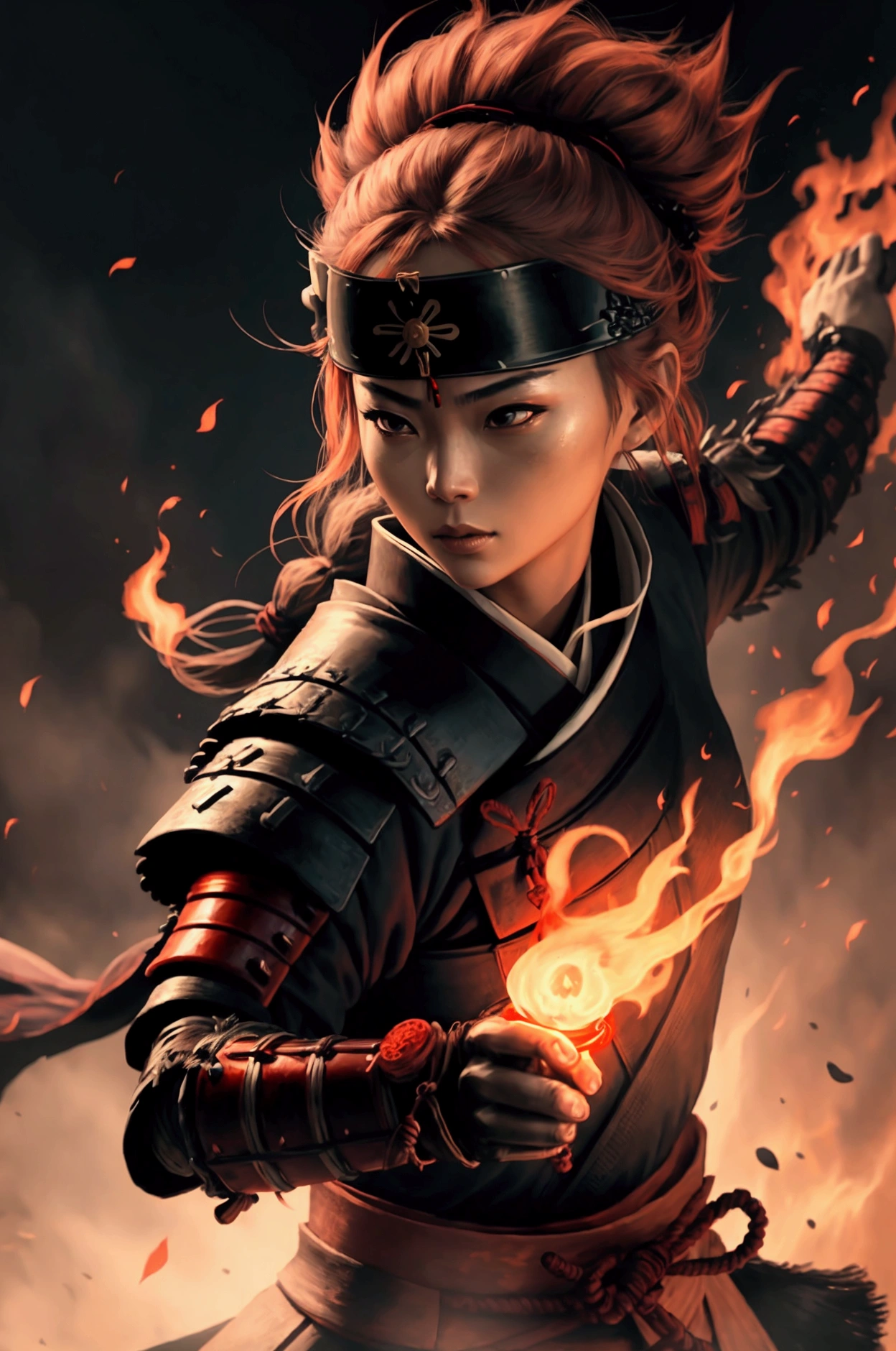 female samurai with blindfold and flame in hand