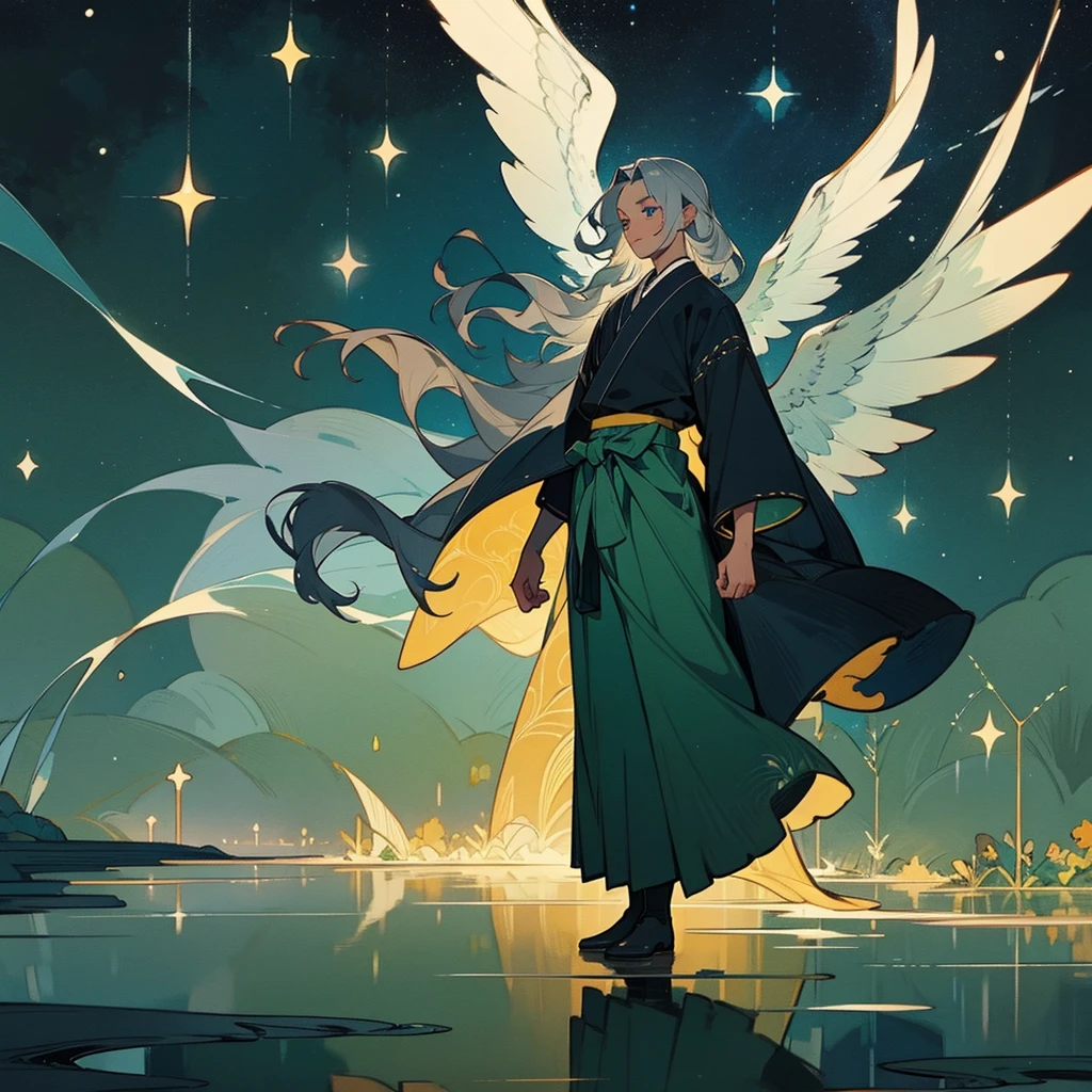 Solo man with black skin, silver hair, short wavy hair. Bright sky blue eyes. Green branches with elongated leaves. Hakama pants, Black boots, belt at the waist with bag. a large pair of wings. Dark blue with green sparkles reminiscent of a starry night sky Mystical atmosphere, delicate brushwork, magical scenery, Peaceful and serene. detailed clothing. nature background.