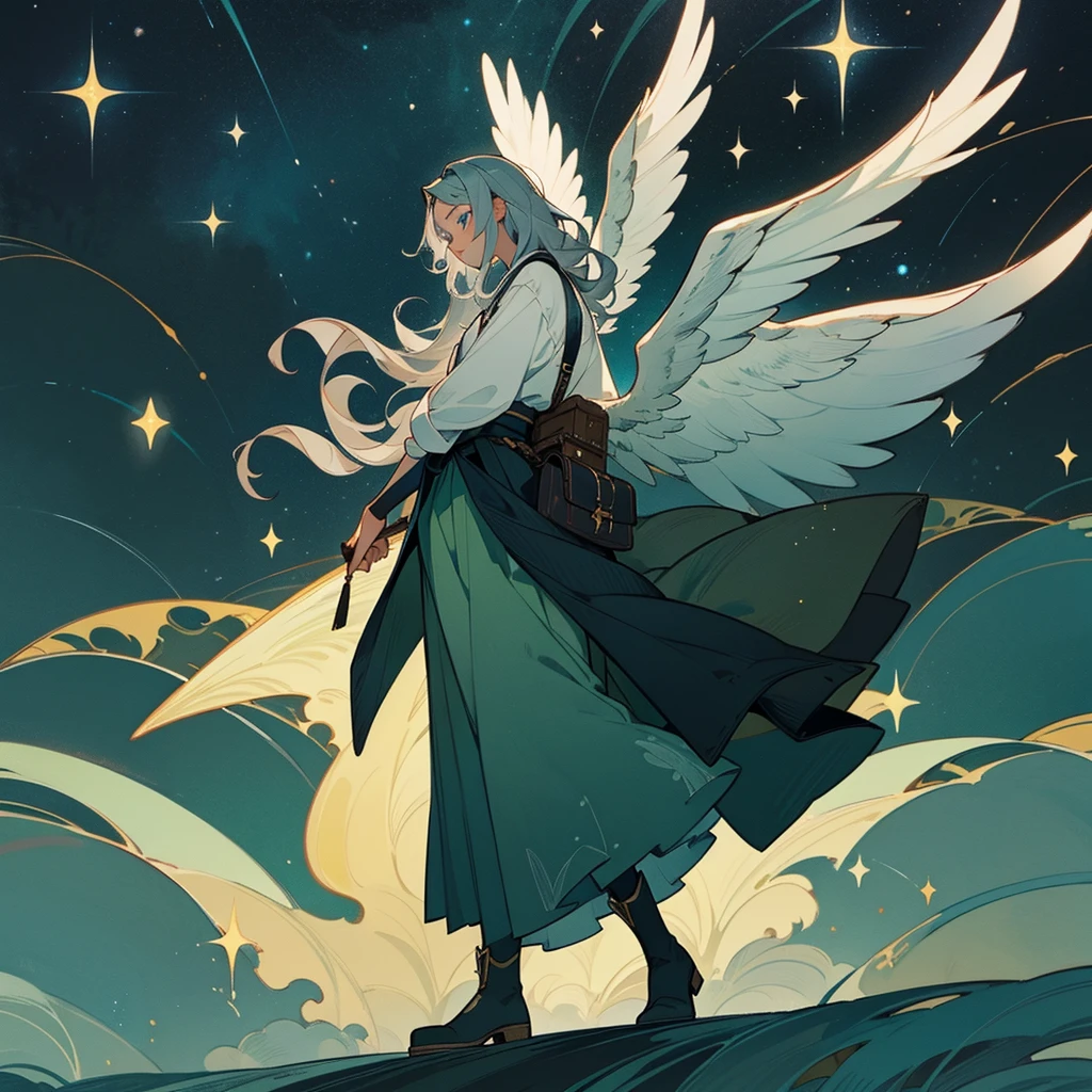 Solo man with black skin, silver hair, short wavy hair. Bright sky blue eyes. Green branches with elongated leaves. Hakama pants, Black boots, belt at the waist with bag. a large pair of wings. Dark blue with green sparkles reminiscent of a starry night sky Mystical atmosphere, delicate brushwork, magical scenery, Peaceful and serene. detailed clothing. nature background.