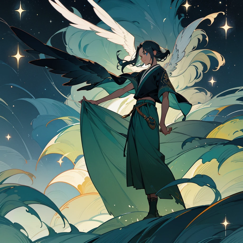 Solo man with black skin, silver hair, short wavy hair. Bright sky blue eyes. Green branches with elongated leaves. Hakama pants, Black boots, belt at the waist with bag. a large pair of wings. Dark blue with green sparkles reminiscent of a starry night sky Mystical atmosphere, delicate brushwork, magical scenery, Peaceful and serene. detailed clothing. nature background.