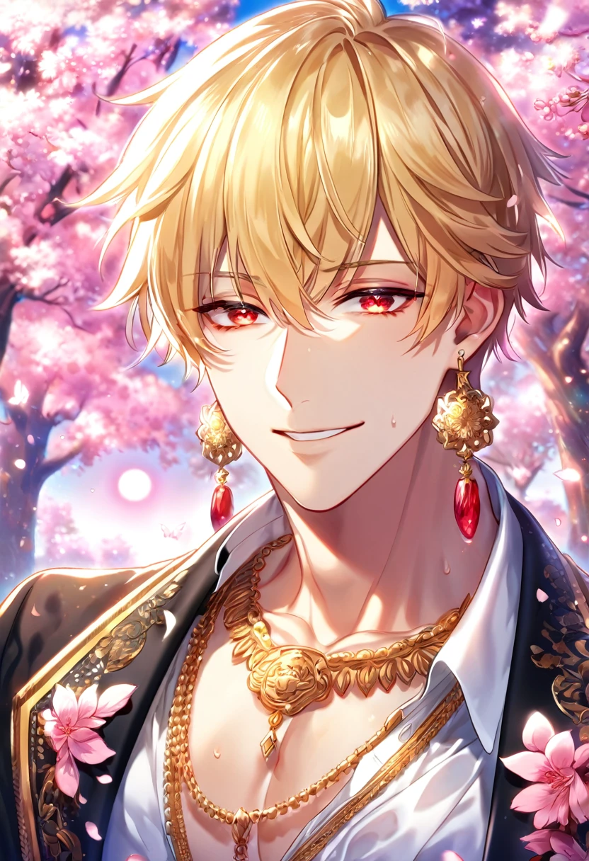 absurdres, highres, ultra detailed, HDR, master piece, best quality, detailed face, detailed eyes, delicated features, Gilgamesh, blonde hair, expressive red eyes, Fate Grand Order, solo, sexy man, handsome, smile, sensual, mature man, black jacket with white trimmings, white shirt, golden earrings, fantasy, magical, cherry blossoms, pink flowers, pink butterflies, pink petals, pink moon, garden