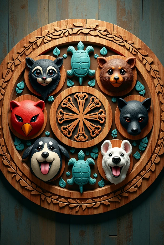 A wooden circle with the symbol of a Scarlet Macaw, the symbol of a brown bear, the symbol of a Raccoon, the symbol of a black dog, the symbol of a sea turtle, the symbol of a Jaguar and the symbol of a white dog in each space