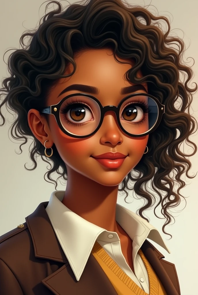 Draw a picture of a person with hair down to their breasts, com curvatura 3A 3B, sun tanned white skin, eyes browns, slightly thick eyebrow, half round eyes, small mouth with larger lower lips, medium nose, in dark academic outfit mbti Infj style with thin round glasses, not nerdy. Darker eyes, most realistic, shorter and curlier hair