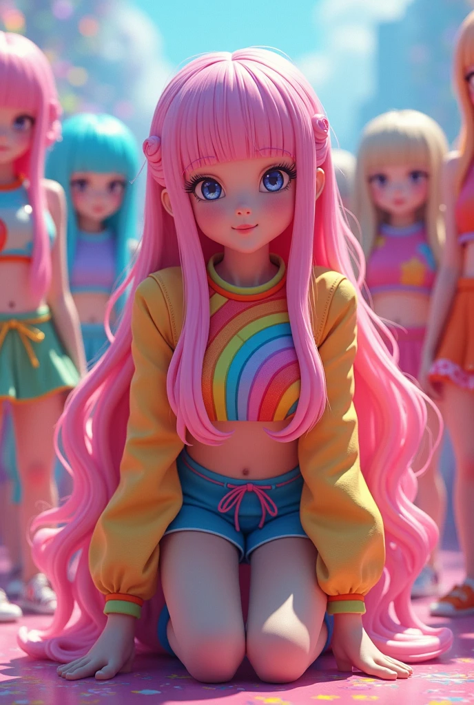 Very, very long hair wearing a rainbow long sleeve stage costume with a rainbow very short skirt and rainbow very long leggings., 7,000 three-headed anime girls stand close together, face forward, take off their shoes, and take a group photo while crouching slightly and winking slightly.