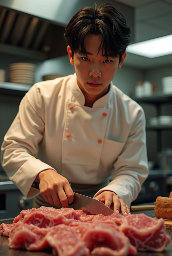 Park Jimin of BTS cutting a meat