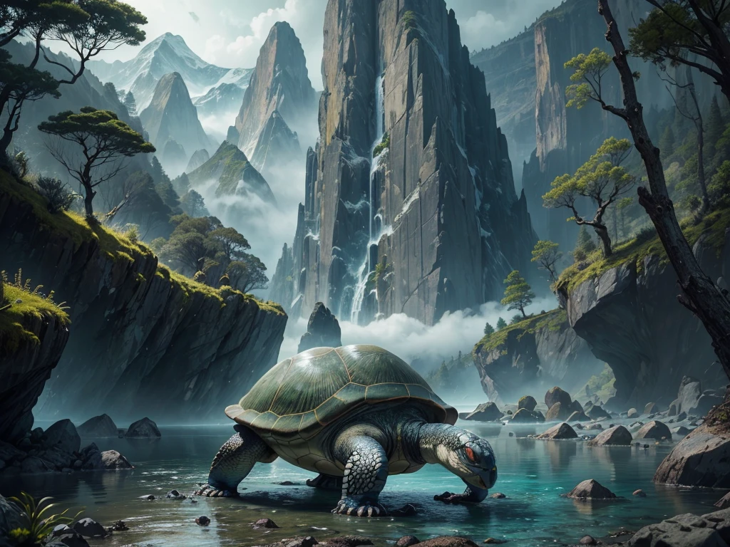 a legendary turtle galapagos in the mountains, stone gray shell, green tree pattern, long black snake tail, intelligent and agile movements, controls earth and rocks, creates safe paths, symbol of wisdom and protection, 8k, highly detailed, photorealistic, cinematic lighting, dramatic lighting, vibrant colors, fantasy landscape, lush vegetation, misty mountains, serene lake, dramatic composition