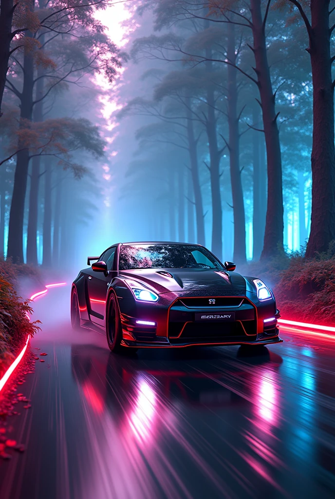 A Nissan GTR r35 angry mode
neon light in futuristic world driving in forest