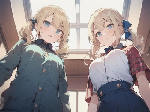 closeup-face,Fisheye Lens,(looking up:1.3),(looking away:1.5),twins,(Two Girls),((standing on the right,Blonde twin tails)),(((Stand on the left,Blonde ponytail))),(Very curled hair,Blue ribbon,Bright blue eyes,freckles),(mega breasts),high school girl,BREAK,((Changing clothes))