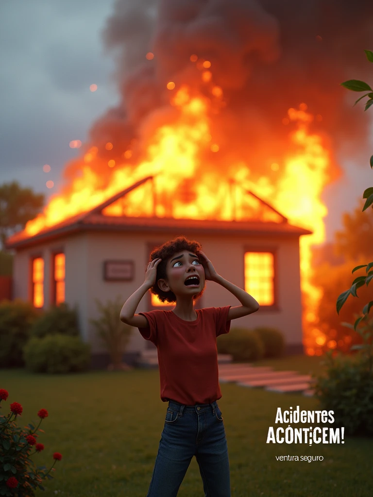 An ultra-detailed, Unreal Engine-rendered image in the style of Pixar animation, featuring a house on fire with smoke billowing out. The homeowner is standing in the garden, looking desperate with their hands on their head and mouth open. Centered in the image are the animated words "Acidentes acontecem" (Accidents happen). In the bottom right corner, the words "Ventura Seguros" are written in white, sans-serif letters. The aspect ratio is 3:4, providing a vertical composition suitable for digital displays 