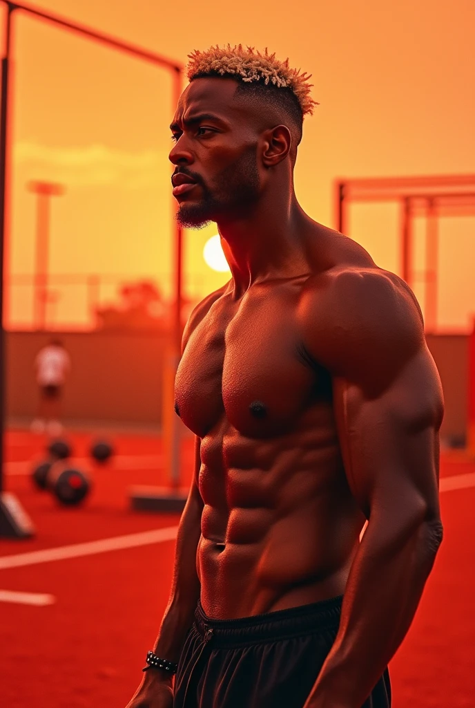 Reddish orange tone art for instagram black male fitness trainer with short bleached hair on training field and functional training equipment in the background.