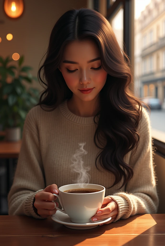a woman enjoying a cup of freshly brewed coffee
