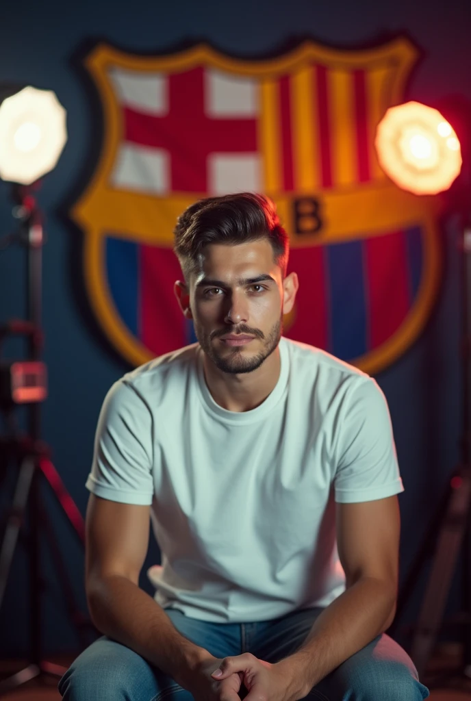 The young man wearing a white t shirt sitting on a chair  looking straight to the camera with cinematic YouTube studio with real Barcelona football flag, 