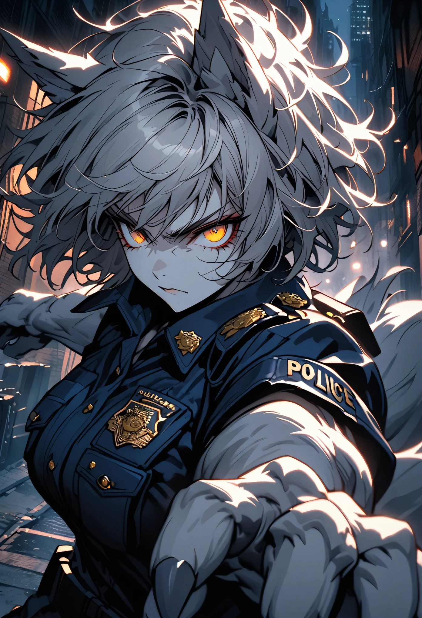 solo, female, wolf girl, close up, grey fur on forearms, furry claws, muscular, wolf ears, short hair, messy hair, grey hair, golden eyes, wolf tail, police uniform, police, large breasts, white fur collar, attack stance, serious, city, night, alleyway, fantasy