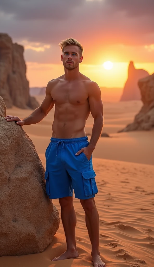 The Scene: In the heart of a sprawling, ethereal desert landscape, the blonde male model with striking blue eyes becomes a beacon of vitality amidst the barren beauty. His athletic, toned physique is on full display, shirtless and glowing under the intense rays of a scorching sun. He wears bright, cobalt blue cargo shorts that stand out vividly against the endless sea of golden sand dunes.

The setting is an isolated, otherworldly desert, where the shifting sands create a landscape that seems to move with the wind. The ground beneath his feet is a mixture of fine sand and smooth, sun-bleached stones that have been shaped by centuries of erosion. In the distance, towering, jagged rock formations rise from the desert floor, their surfaces etched with ancient symbols and mysterious carvings, remnants of a long-lost civilization.

The air is hot and dry, carrying the faint scent of warm minerals, and the distant, eerie sound of wind howling through the rock formations echoes across the dunes. The model stands confidently in this vast, arid expanse, his stance firm and resilient. One hand rests lightly on the rough surface of a large, sun-warmed boulder, the other casually at his side, fingertips brushing the gritty sand that swirls around his legs.

His gaze is directed towards the horizon, where the sun is beginning to set, casting a fiery, orange glow across the desert. The sky above is a gradient of deep purples and blues, as twilight begins to creep in, creating a striking contrast with the warm, golden tones of the desert. His expression is one of quiet determination and introspection, as if contemplating the mysteries of the ancient world that once thrived in this now desolate place.

The interplay of light and shadow creates a dramatic atmosphere, accentuating the model’s chiseled features and the stark beauty of the desert landscape. The cobalt blue of his shorts echoes the deepening sky, merging his modern, stylish appearance with the timeless, rugged majesty o