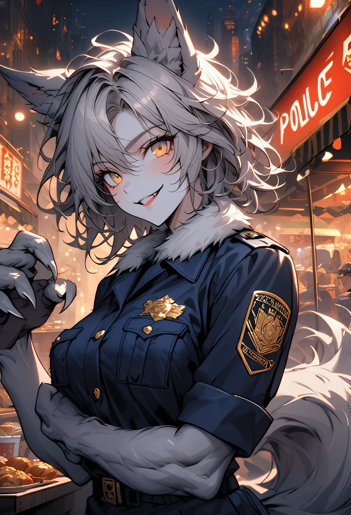 solo, female, wolf girl, close up, grey fur on forearms, furry claws, muscular, wolf ears, short hair, messy hair, grey hair, golden eyes, wolf tail, police uniform, police, large breasts, white fur collar, relaxed, smiling, after work, food stand, city, night, fantasy
