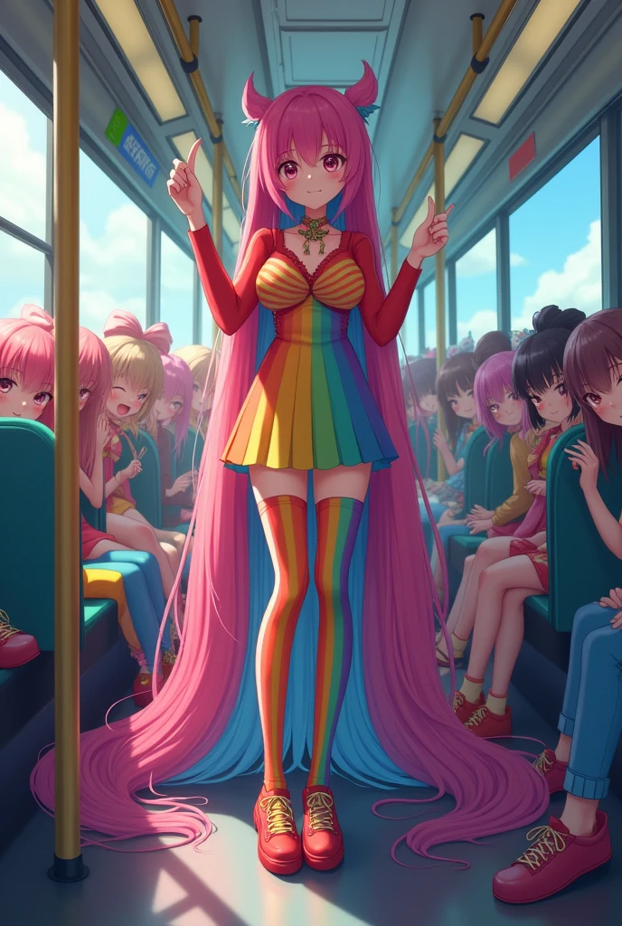 Very, very long hair wearing a rainbow long sleeve stage costume, wearing a rainbow very short skirt, rainbow very long leggings, and rainbow very long hair on the bus., A group photo of 1000 three-headed anime girls standing close together, looking straight ahead, taking off their shoes, all crouching slightly and winking slightly.