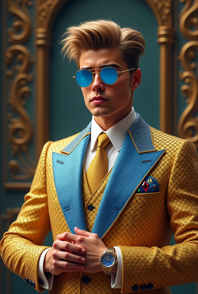 Create a young 1 American man and he is billionaire and the king in the world. The boy clothes about 500 billion dollars sut .sut make it gold and blue diamond about 5 billion dollar
In realistic . man hair is look like Justin Bieber . Man hand about 200 million dollars watch and wearing blue color sunglass in 500 million dollars