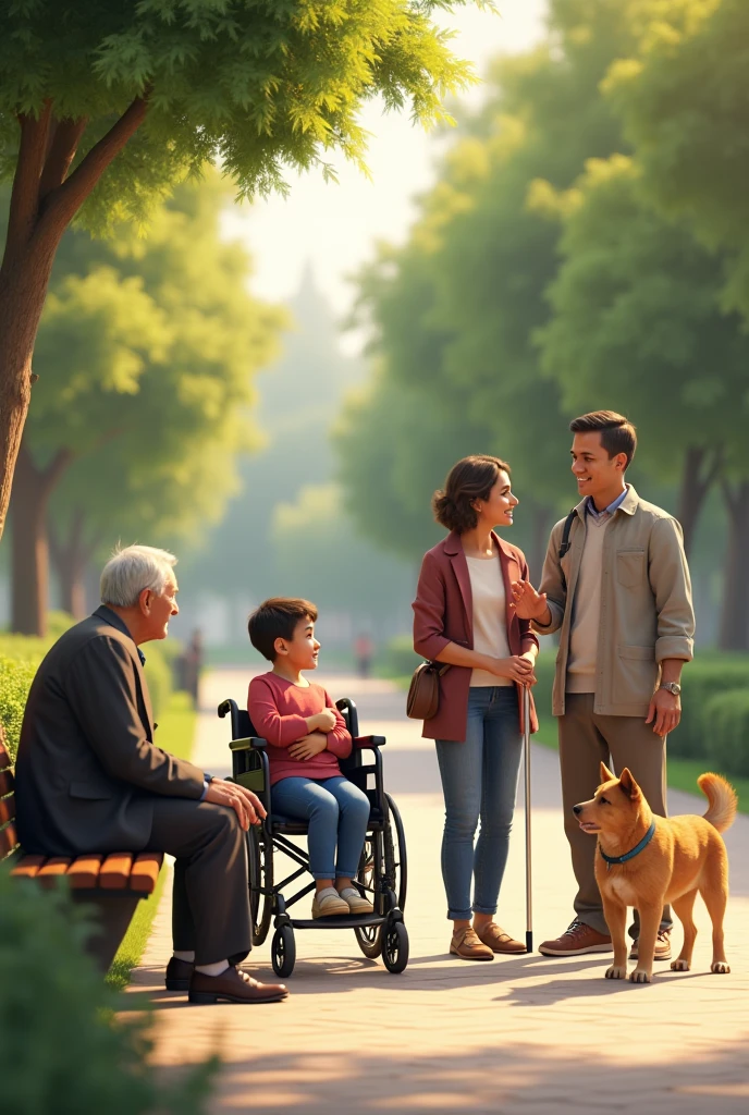 Create a realistic community scene in a public park featuring diverse individuals eligible for welfare due to special needs. The scene should include: an elderly person with gray hair sitting on a bench with a cane at his side, symbolizing the rights of the elderly; a mother holding a physically disabled child in a wheelchair; a young adult with an intellectual disability being accompanied by a caregiver, both smiling; a visually impaired woman using a white cane, guided by a service dog; and a hearing-impaired man using sign language in conversation. The environment must be wa and the people must be realistic
