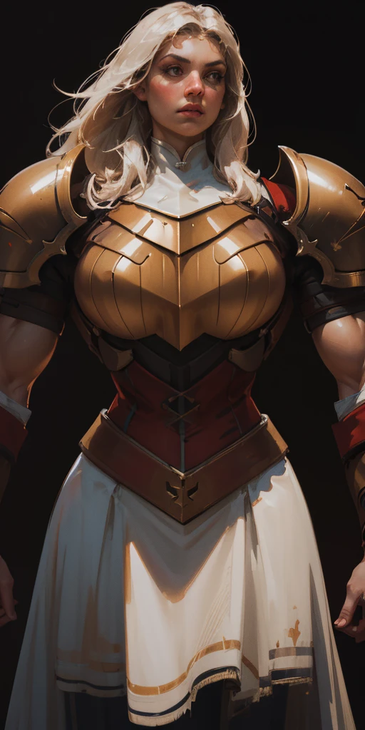 (black background) 1soloefemale, low angle, from below, paladin templar lady in white tabard, correct anatomy, epic fantasy digital art, tmasterpiece, 8k, high definition resolution, detailed drawing, superior quality, epic composition, female muscular body cover breastplate, muscular turned arms behind body