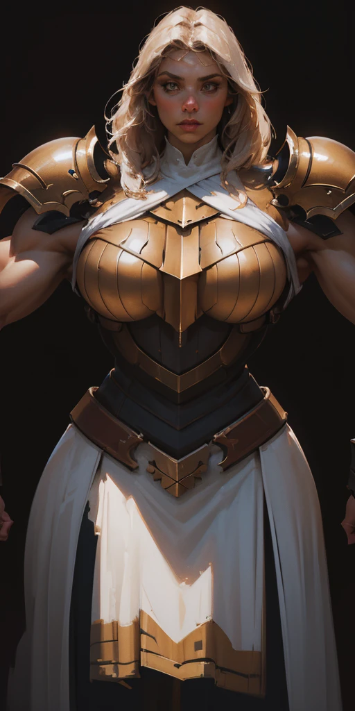 (black background) 1soloefemale, low angle, from below, paladin templar lady in white tabard, correct anatomy, epic fantasy digital art, tmasterpiece, 8k, high definition resolution, detailed drawing, superior quality, epic composition, female muscular body cover breastplate, muscular turned arms behind body